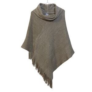 Chico's Cowl Neck Poncho Metallic Striped Gold Cape Fringe Pullover Wrap One Sz